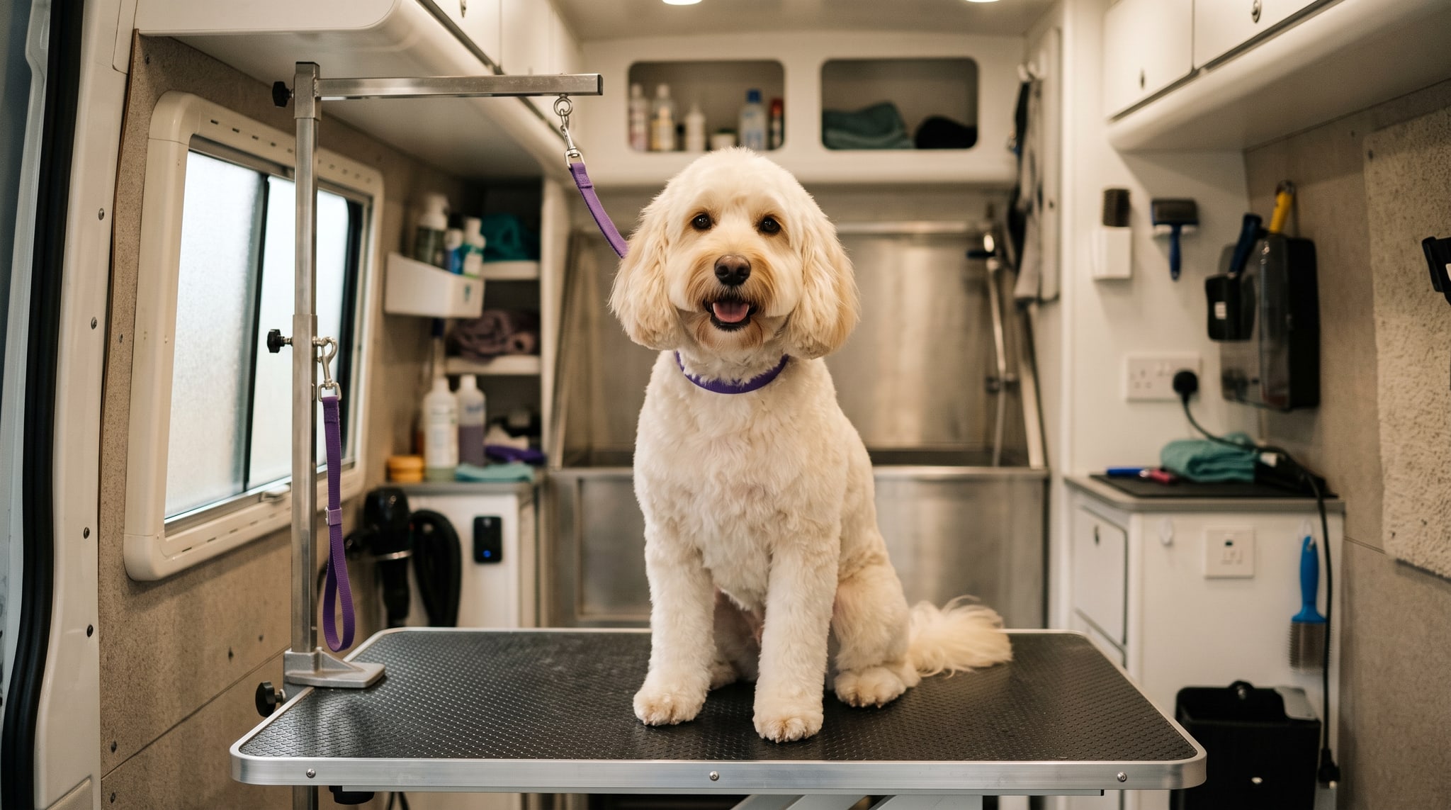 A freshly groomed happy dog on the grooming table inside the van